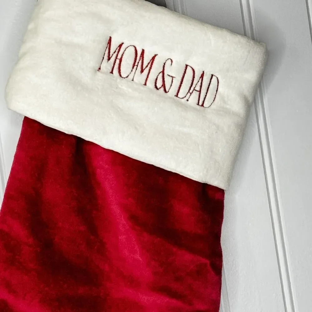 West Elm MOM & DAD Classic Red White Velvet Christmas Stocking Mono NWOT